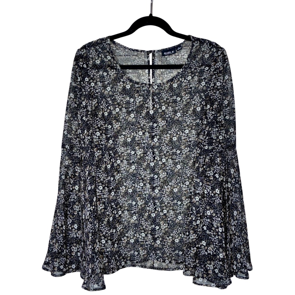 Allen B. Schwartz Black Floral Chiffon Blouse L Bell Sleeve Whimsygoth Sheer